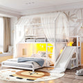 Full over Full Playhouse Metal Bunk Bed with Slide & Ladder, House Shaped Bunk Bed with LED Light Strip, Privacy Curtain, Movable Storage Cabinet and Hanging Rod, Full over Full Kids Bunk Bed ,White