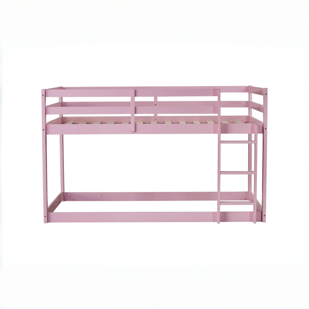Solid Wooden, Solid Rubber Wooden Twin over Twin Floor Bunk Bed with Ladder, with Bed Platform of Strengthened Slats , Pink