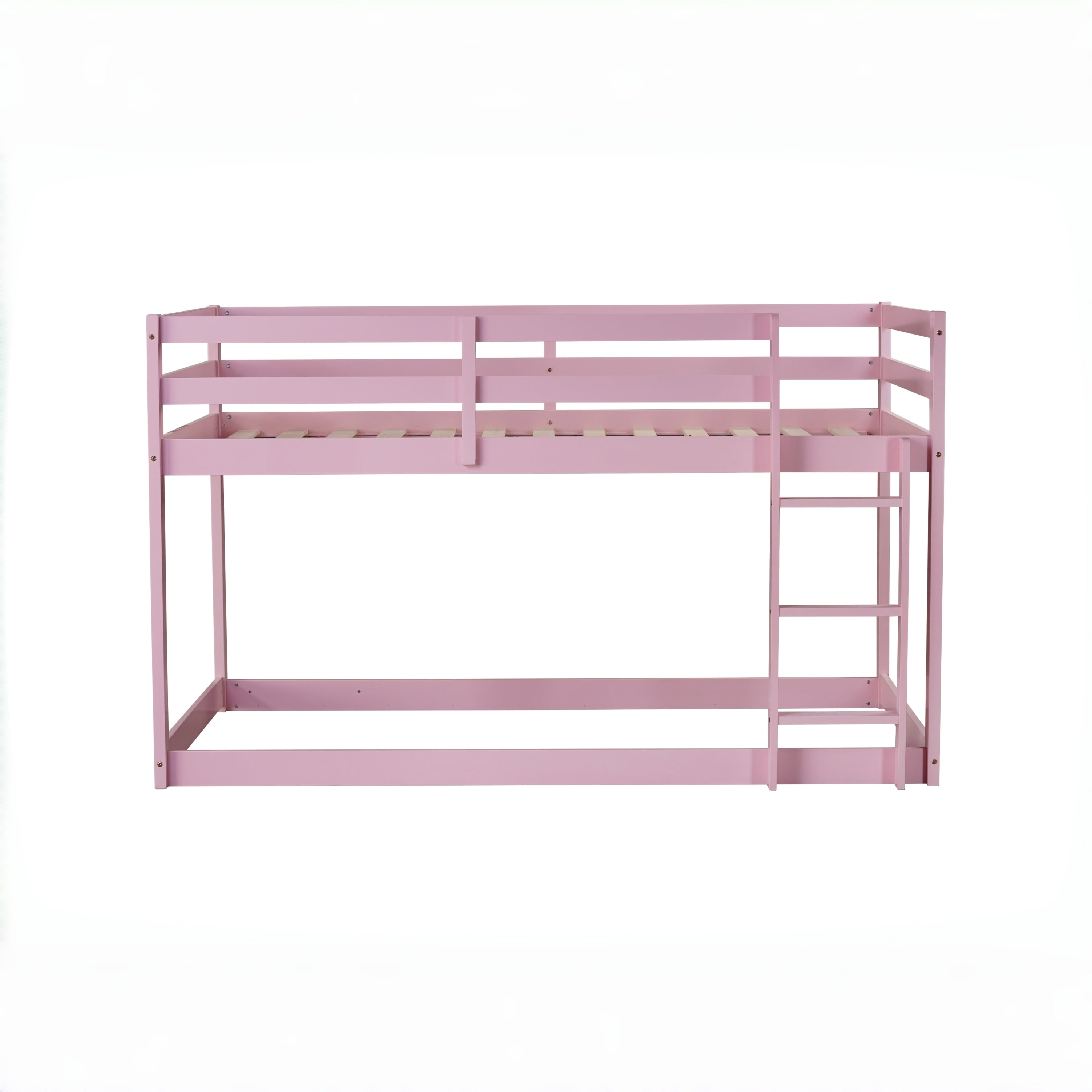 Solid Wooden, Solid Rubber Wooden Twin over Twin Floor Bunk Bed with Ladder, with Bed Platform of Strengthened Slats , Pink