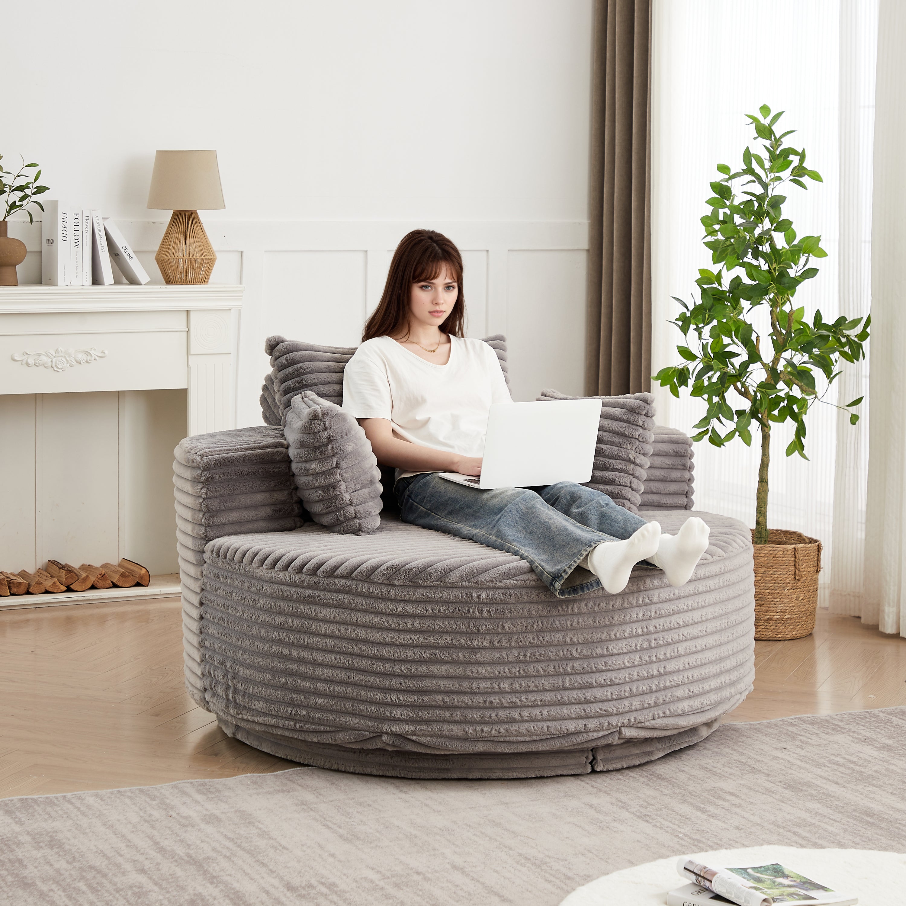 55''L Grey Corduroy Foam Swivel Chair with Fluffy Modern Sleeper Design, 360 Degree Rotating Base for Living Room, Bedroom, Lounge, and Projection Room