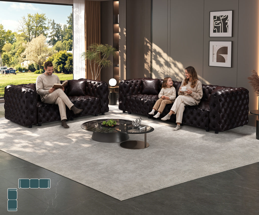 Modern Sofa Set, Faux Leather Upholstered Modular 5-Seater Sectional Couch with Pure Handmade Button Tufted Design, 5 Pillows, Multi Combination for Living Room,Dark Brown