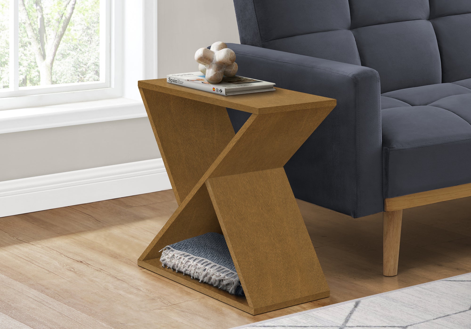 Contemporary Accent Table, Narrow Nightstand, Dark Taupe Veneer Finish, 24 in. H, for Bedroom or Living Room