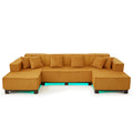 Modern Orange U-Shaped Sectional Sofa with RGB LED Light Strip and 6 Pillows, Corduroy Upholstered, 130'