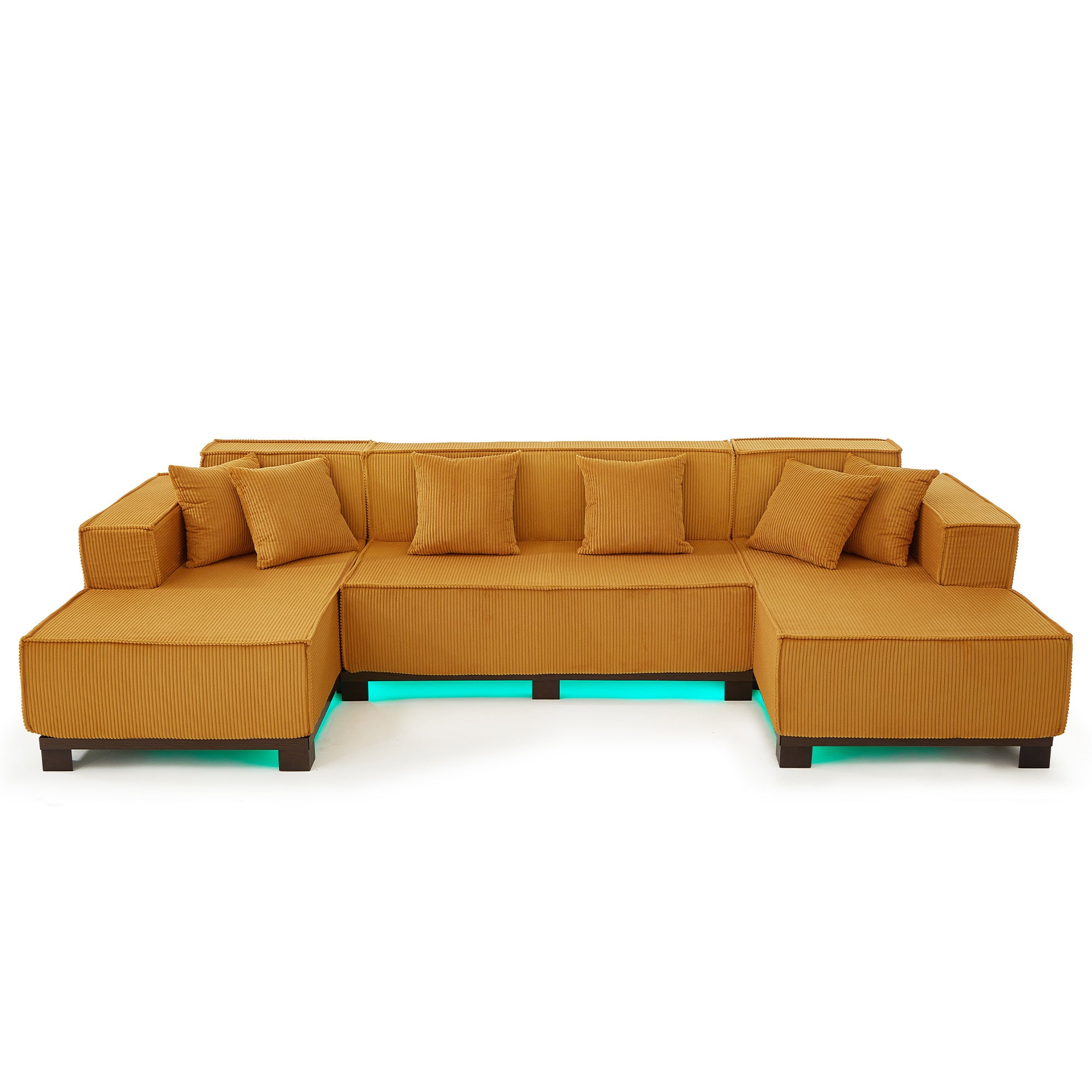 Modern Orange U-Shaped Sectional Sofa with RGB LED Light Strip and 6 Pillows, Corduroy Upholstered, 130'