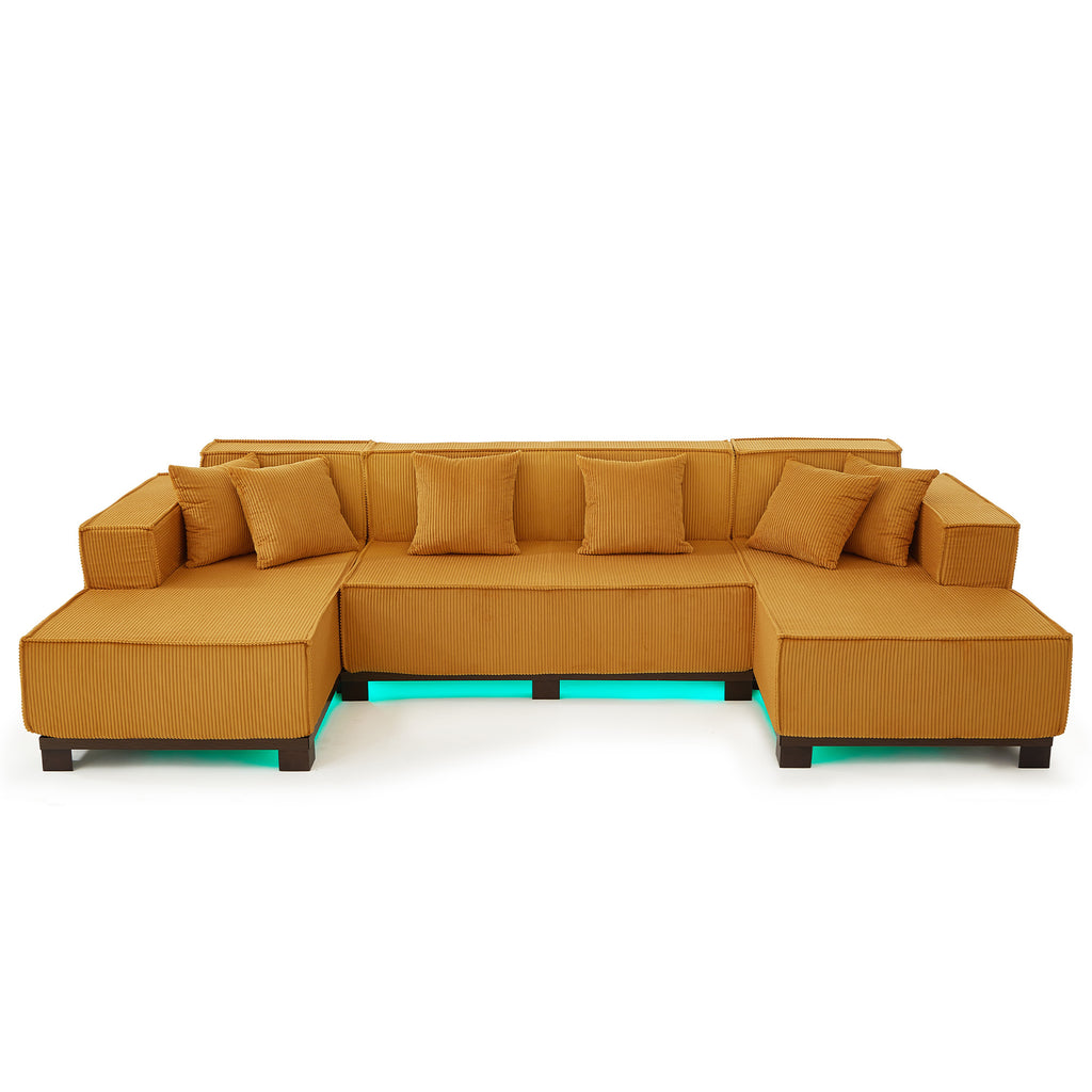 Modern Orange U-Shaped Sectional Sofa with RGB LED Light Strip and 6 Pillows, Corduroy Upholstered, 130'