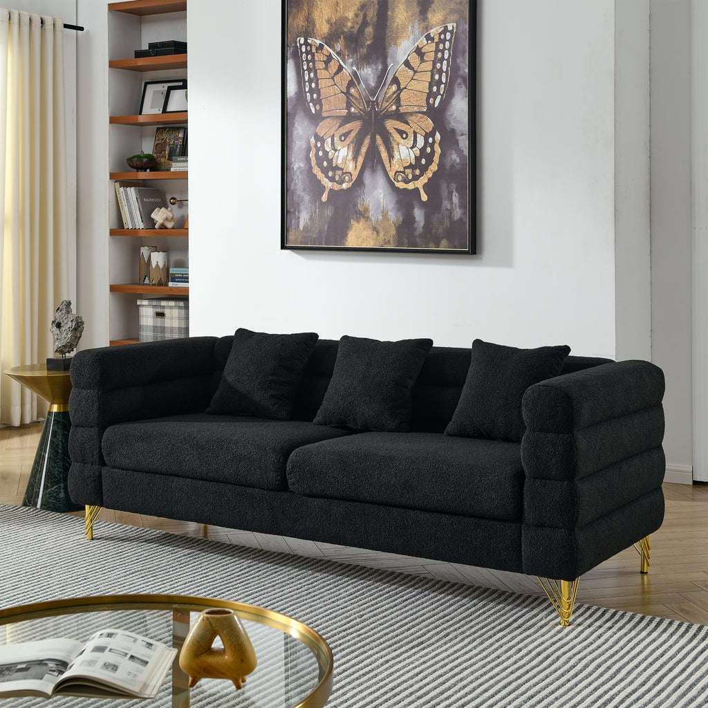 Streamline Modern 81 Inch Oversized 3 Seater Sectional Sofa in Black Teddy Fabric with 3 Lumbar Pillows, Deep Seating Comfort for Living Room Bedroom Office