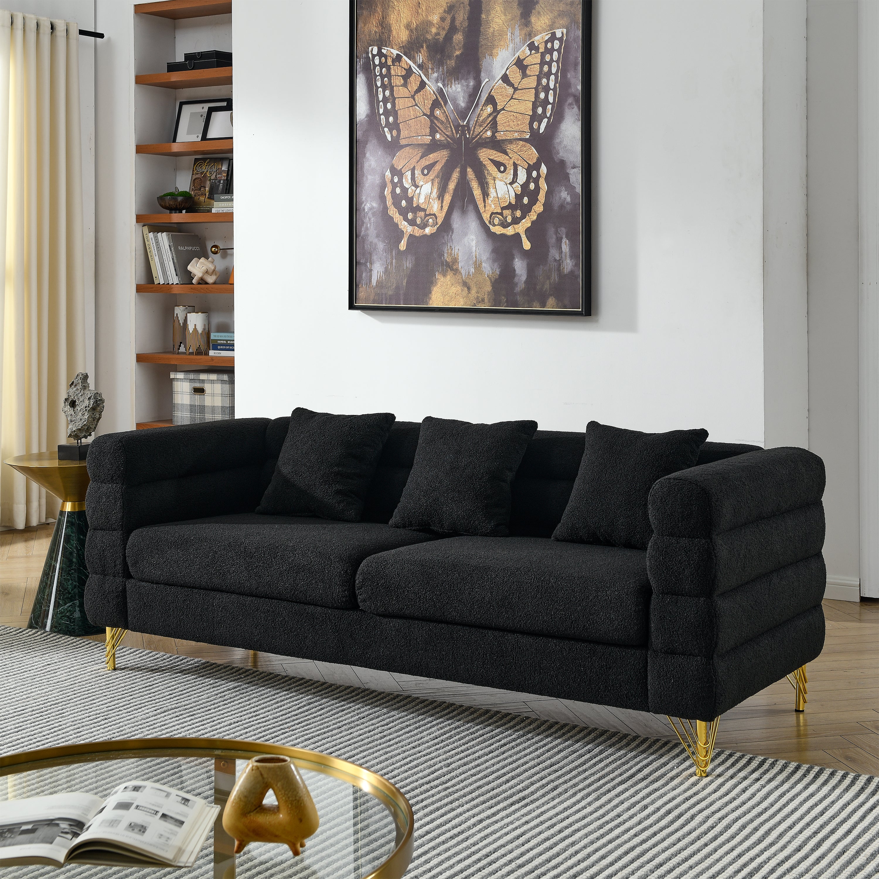 Streamline Modern 81 Inch Oversized 3 Seater Sectional Sofa in Black Teddy Fabric with 3 Lumbar Pillows, Deep Seating Comfort for Living Room Bedroom Office