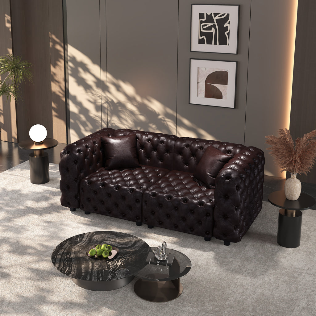 77' Modern Sofa Set, Faux Leather Upholstered Modular 2-Seater Sectional Couch with Pure Handmade Button Tufted Design, 2 Pillows, Multi Combination for Living Room,Dark Brown