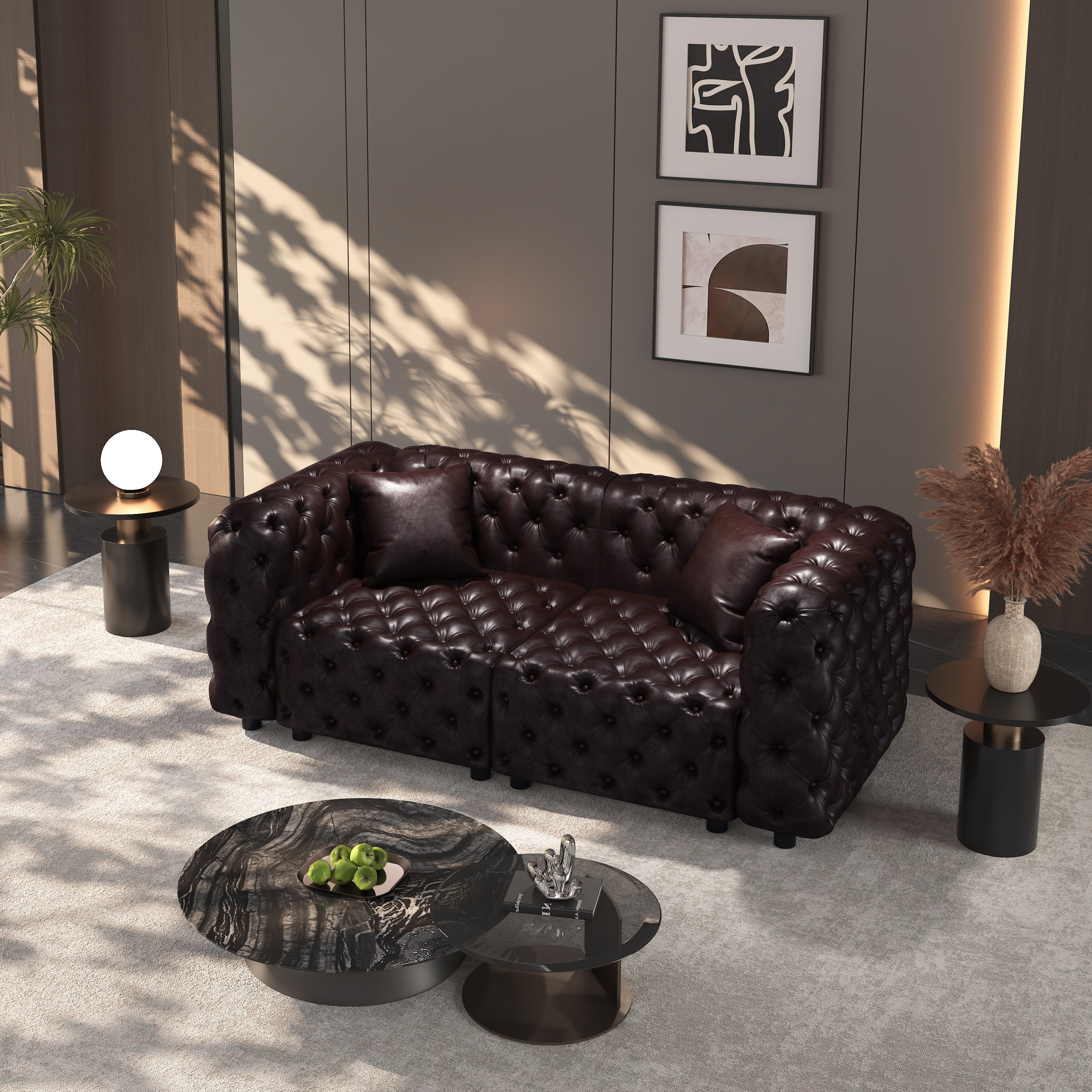 77' Modern Sofa Set, Faux Leather Upholstered Modular 2-Seater Sectional Couch with Pure Handmade Button Tufted Design, 2 Pillows, Multi Combination for Living Room,Dark Brown