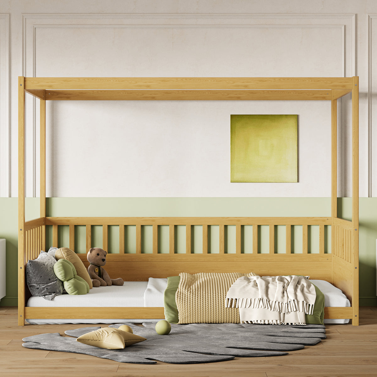 Twin Size Canopy Bed Frame with Guardrails for Kids,Floor Bed Twin with Four Poster Design,Kids Montessori Floor Bed,Wood Canopy Bed Frame for Girls,Boys(Twin,Natural)