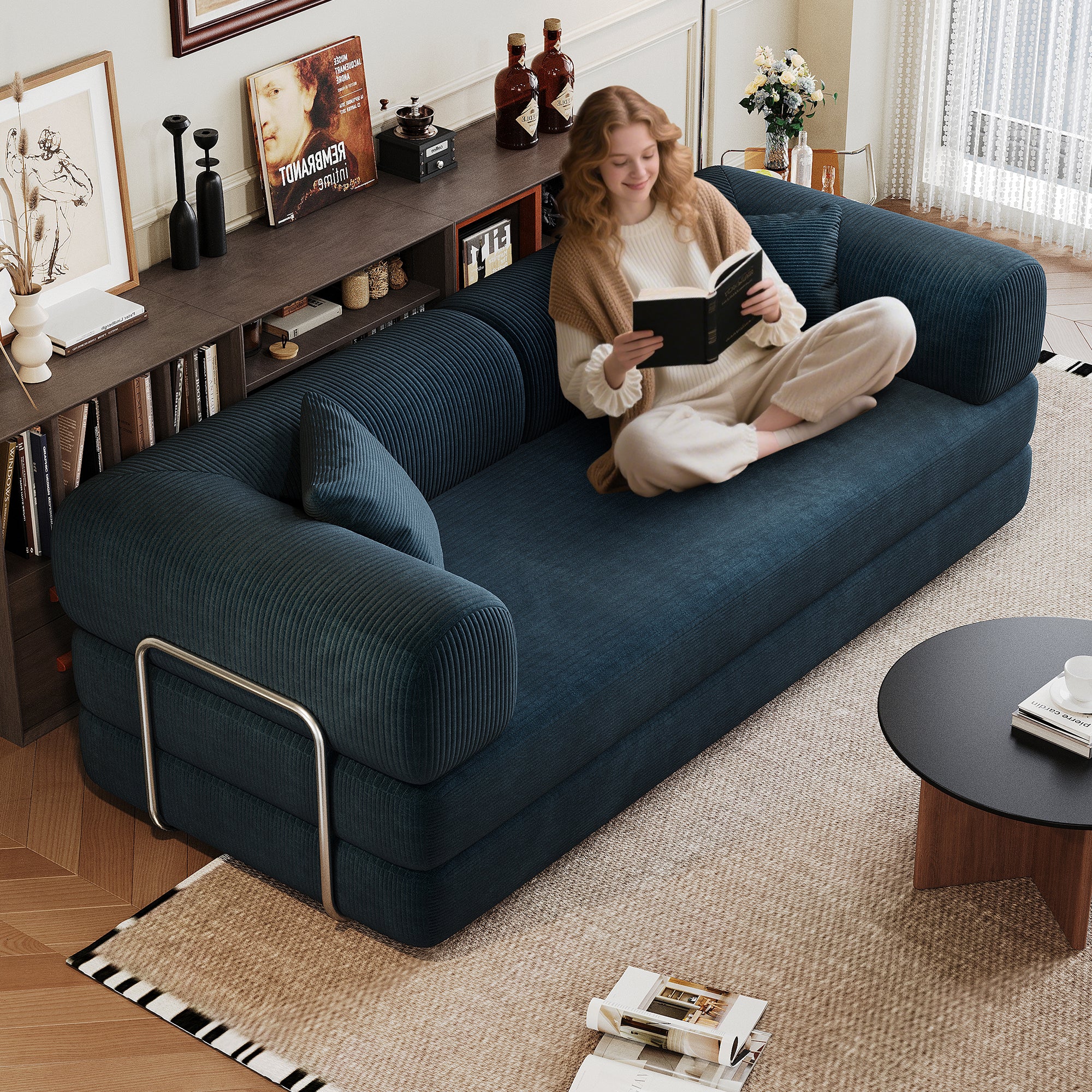 78.8' Compression Sofa,Convertible Floor Sofa Bed-with Pillow Back Support Armrest,Comfy Futon Couch Sleeper Bed,Loveseats Boneless Modular Sectional Sofa,Corduroy fabric,for Living Room,Bedroom,Blue