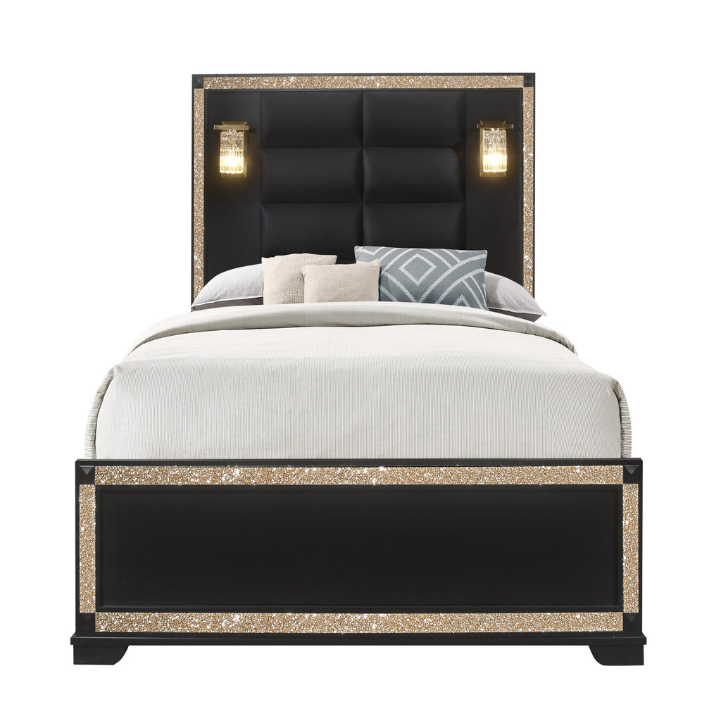 Lively Black/Gold Queen Bed with Lamps and Padded Headboard in Wood