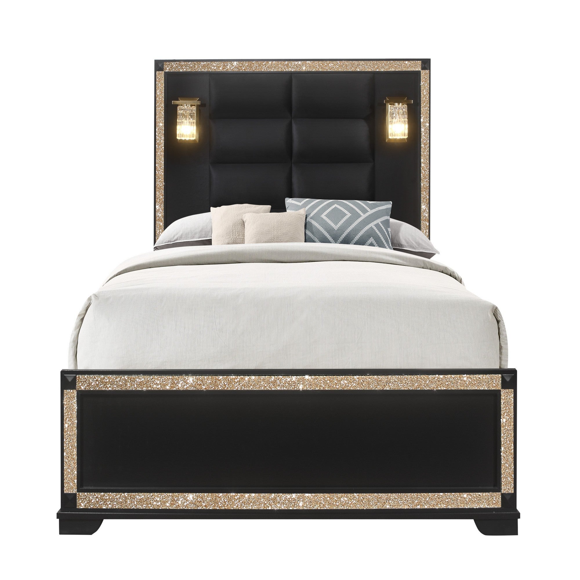 Lively Black/Gold Queen Bed with Lamps and Padded Headboard in Wood