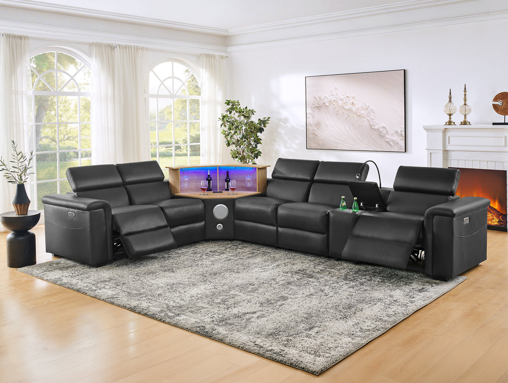 5-Seater Air Leather L-Shaped Powered Recliner Sofa Set with Motorized Lift Cabinet, Multi Functions Sectional Couch Blue Tooth HiFi Subwoofer Speakers, Colorful Ambient LED, Touch Lamp, Black