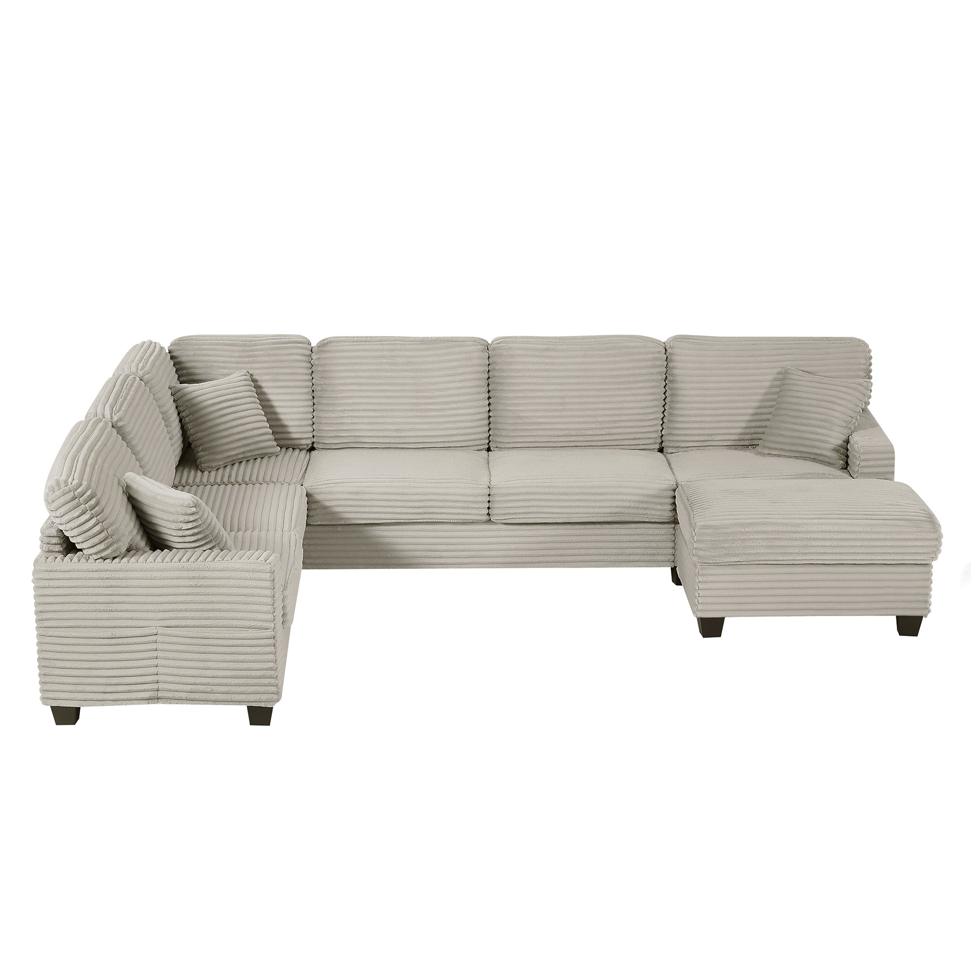 U-shaped Sectional Sofa with Movable Ottoman in Light Taupe Corduroy Fabric, 125.2' L-shaped Modular Sofa with Side Storage Pockets and Foam Cushions