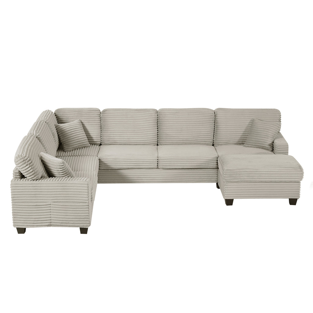 U-shaped Sectional Sofa with Movable Ottoman in Light Taupe Corduroy Fabric, 125.2' L-shaped Modular Sofa with Side Storage Pockets and Foam Cushions