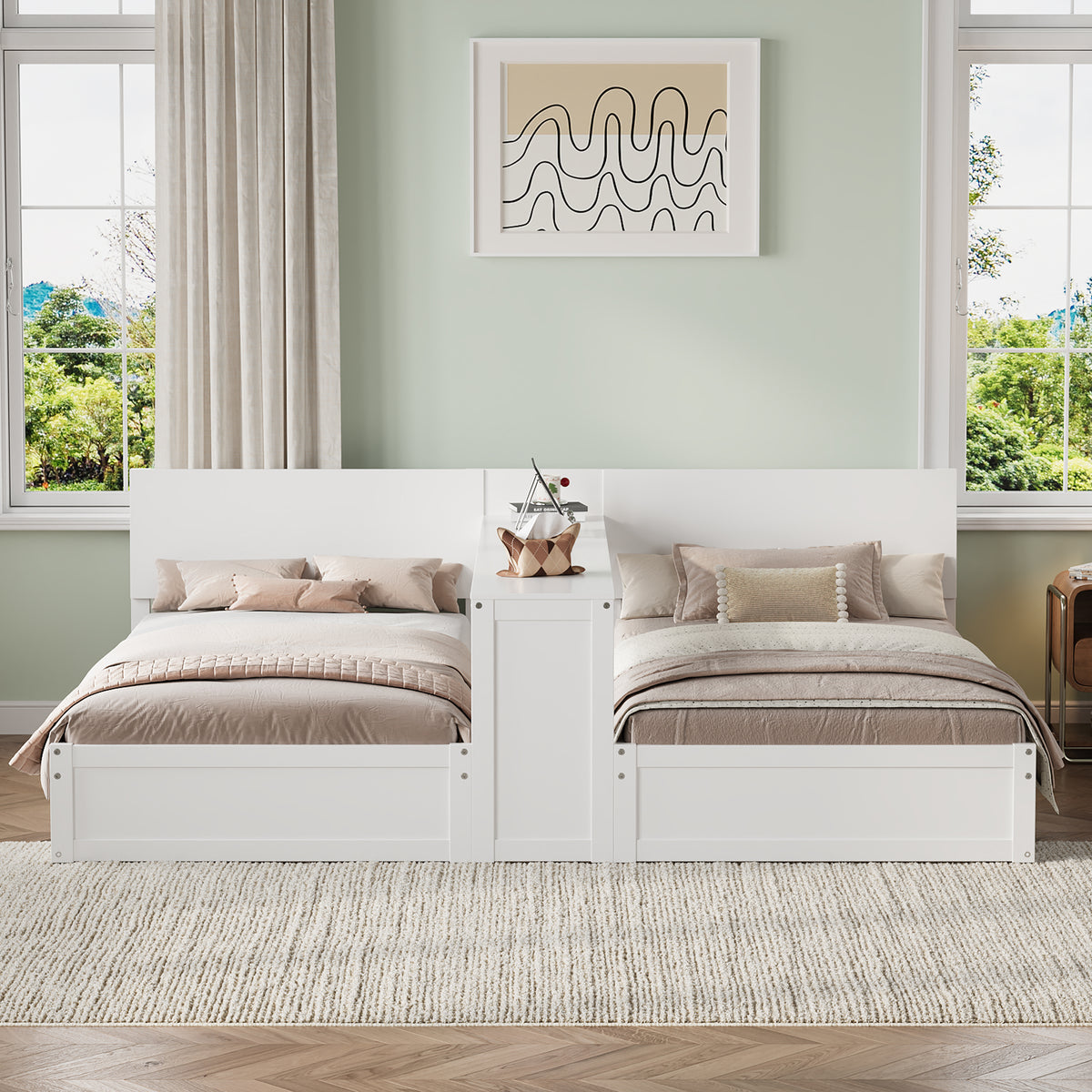 Twin Platform Bed Frame Set with Adjustable Storage Desk, 2 Twin Beds with Flexible Shelf Placement, Left, Center or Right Shelf Installation, Twin Beds for 2 Kids with Storage Desk,White