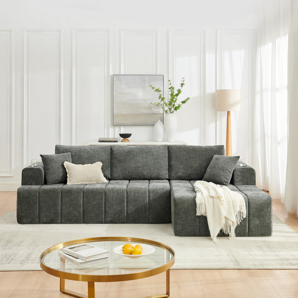 108' L-Shaped Chenille Sectional Sofa, Cloud Style Boneless Sofa with Chaise, Modern Upholstered Couch with Cup Holders & Side Pockets, Compression Sofa for Living Room, No Assembly Required,Dark Grey