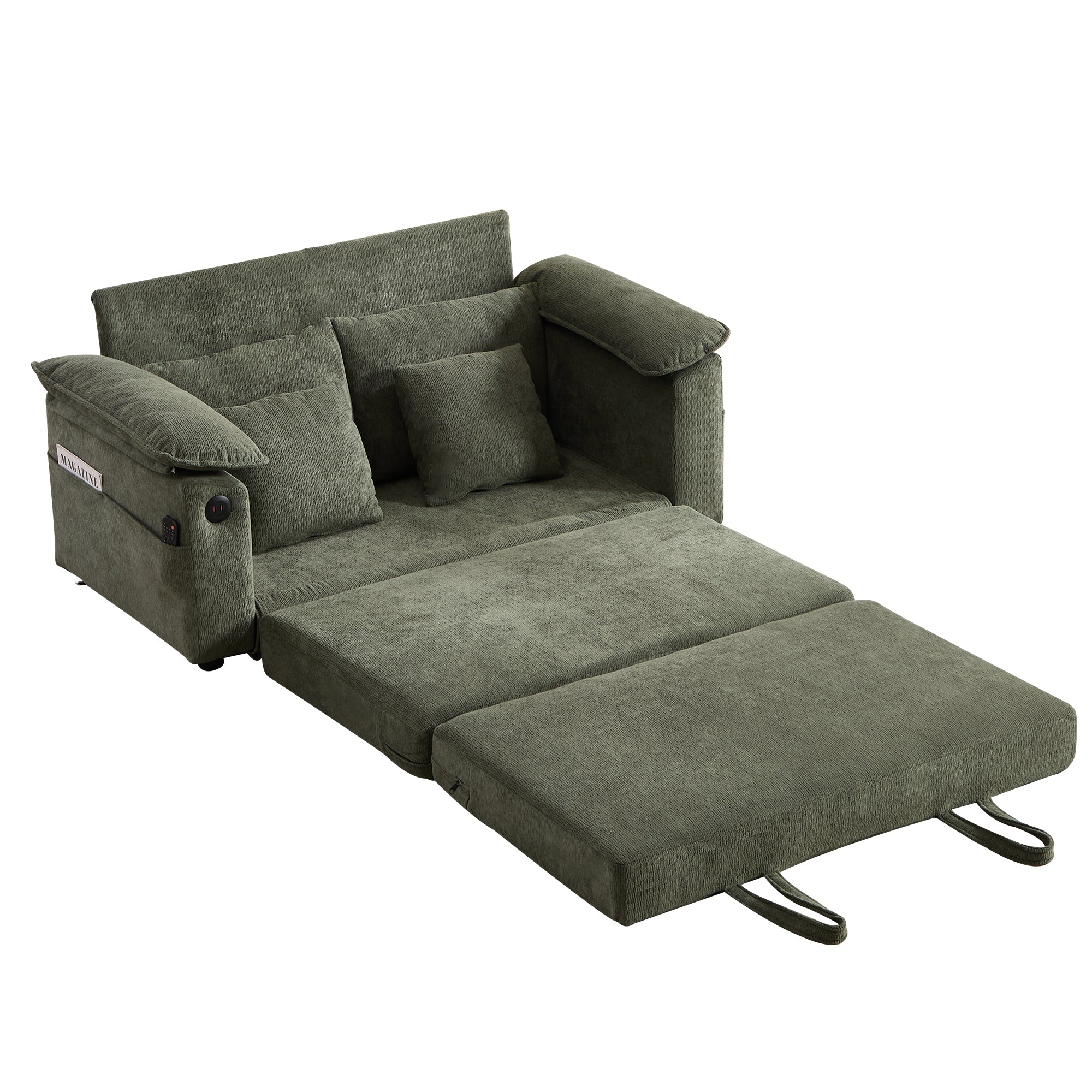 Green 58-inch 3-in-1 Upholstered Futon Sofa Bed with Foldable Tufted Loveseat, Pull-Out Sleeper Couch with Side Pockets and USB Port, Chenille Fabric, 53.27 x 25.99 x 31.50 inches