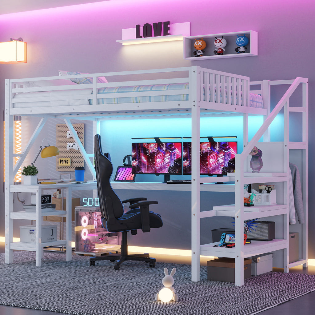 Metal Full Loft Bed with Wardrobe and LED Light, Full Size Loft Bed with L Shaped Desk and USB for Kids Teens Adults, White(Expect Arrival Date 2026/3/2)
