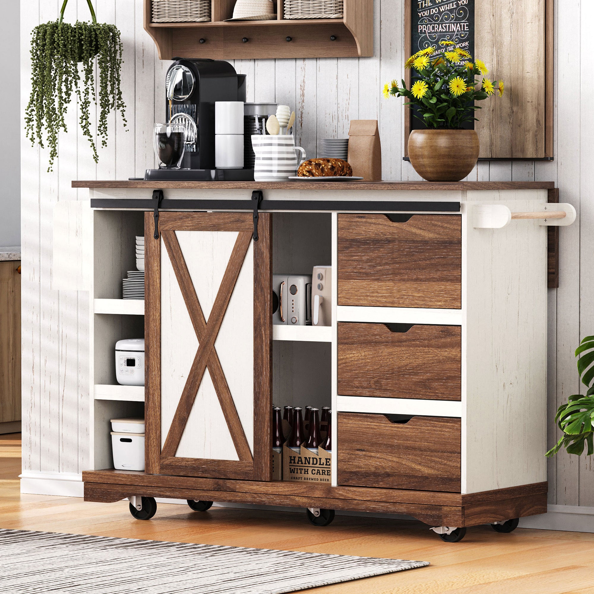 K&K 55.5' Farmhouse Kitchen Island with Drop Leaf, Kitchen Storage Island with Barn Door, Power Outlet, Rolling Kitchen Cart on Wheels with Spice Rack, for Home, Kitchen, Dining Room, White