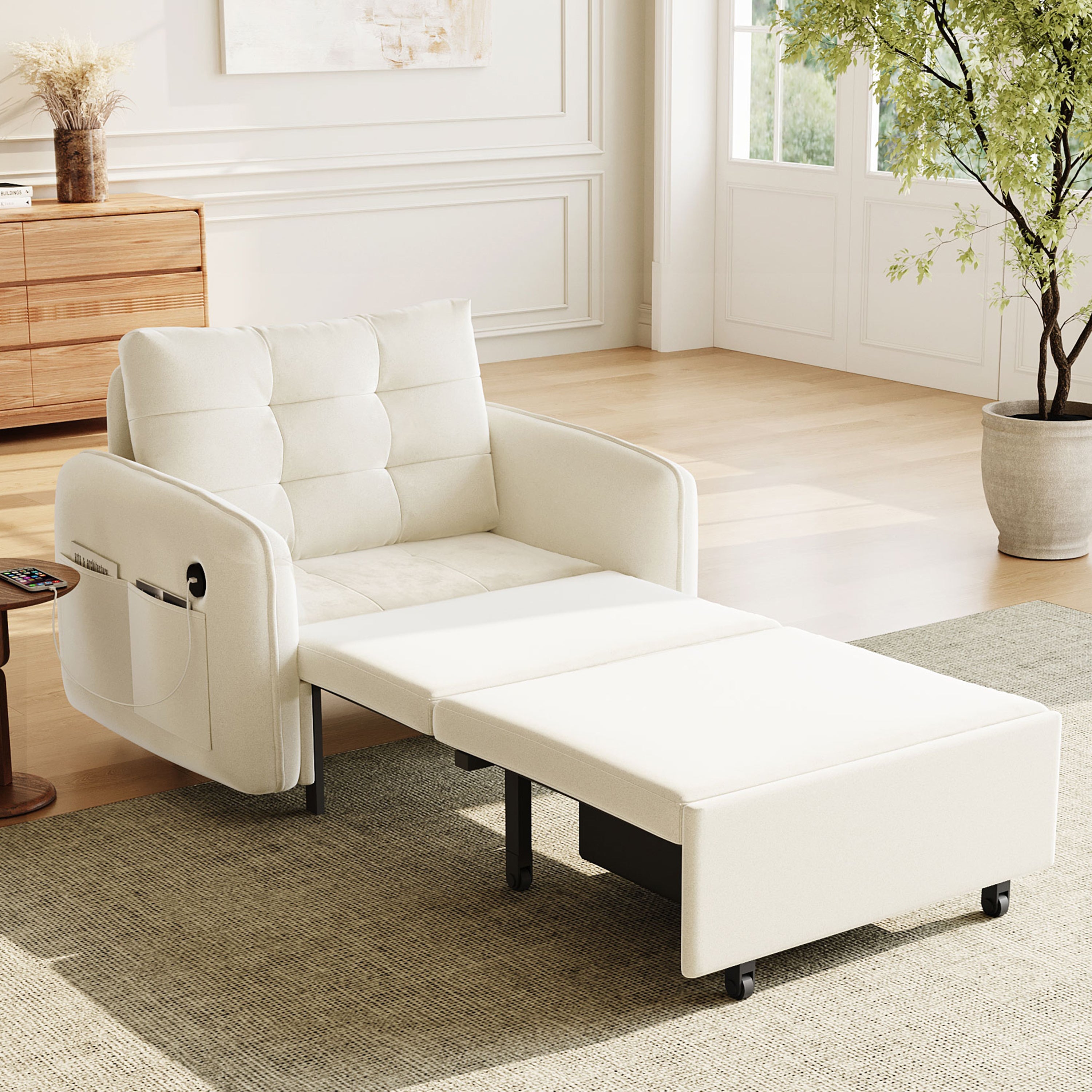 [NEW] 3-in-1 Sleeper Chair Bed, 80' Extra Long Pull Out Sleeping Lounge with USB Charging, Storage Pockets and Box, Tufted Design, Multi-Functional Chenille Single Sofa Bed for Living Room&Apartment