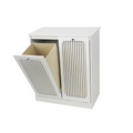 White louvered flip-top laundry cabinet with dual fabric baskets, MDF and particle board construction, 25.98 x 13.77 x 29.92 inches