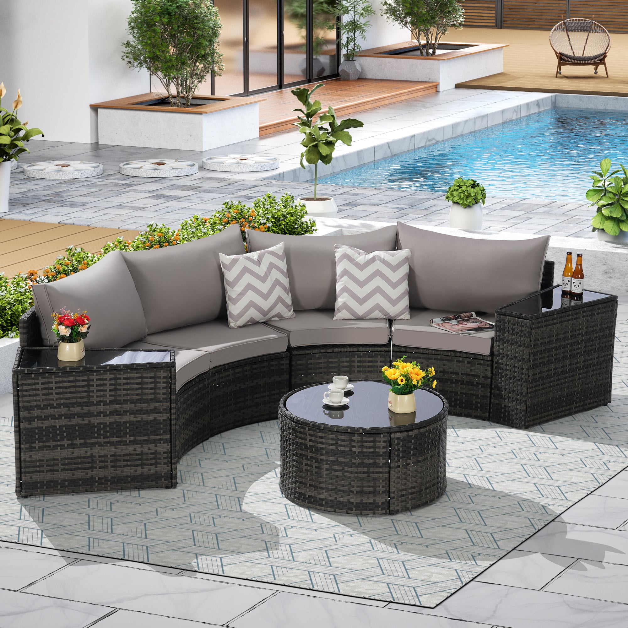 Outdoor Patio Furniture 7-Piece Half-Moon Sectional Round Patio Furniture Set Sofa with Tempered Glass Round Coffee Table