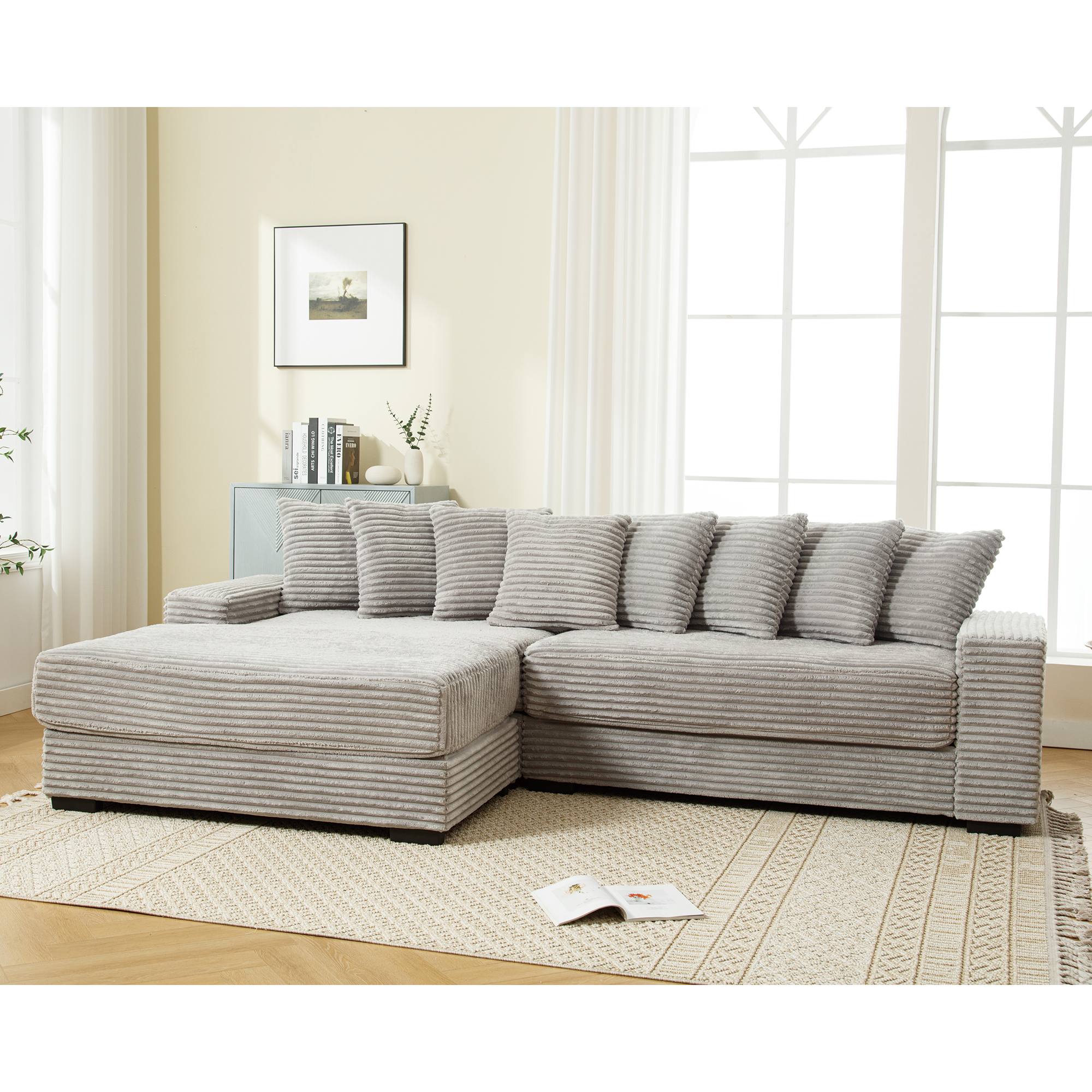 [NEW ARRIVED] [VIDEO PROVIDED] Oversized Two-Piece  Couches,  L Shaped Sofa, Corduroy, Left Chaise Daybed,with Armrests,Eight Throw Pillows,Corner Sofa,Easy To Assemble,  Gray