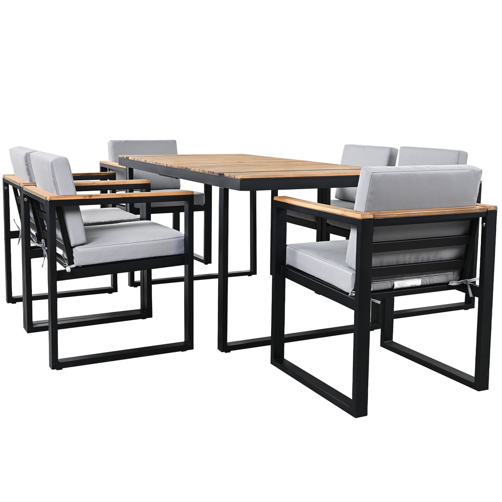 7-Piece Outdoor Dining Set with Removable Cushions, Acacia Wood and Steel Frame, Grey