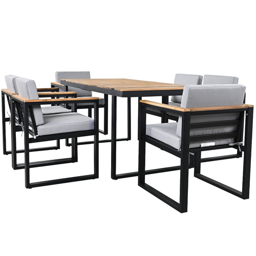 7-Piece Outdoor Dining Set with Removable Cushions, Acacia Wood and Steel Frame, Grey