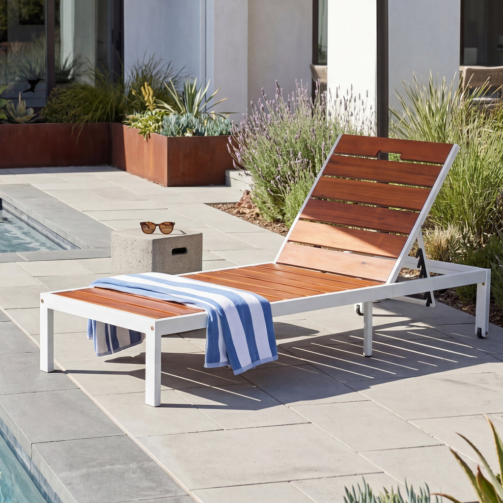 Outdoor Chaise Lounges Pool Lounge Chairs Outdoor Daybed Recliner with Adjustable Backrest for Patio, Poolside or Beach, White+Brown