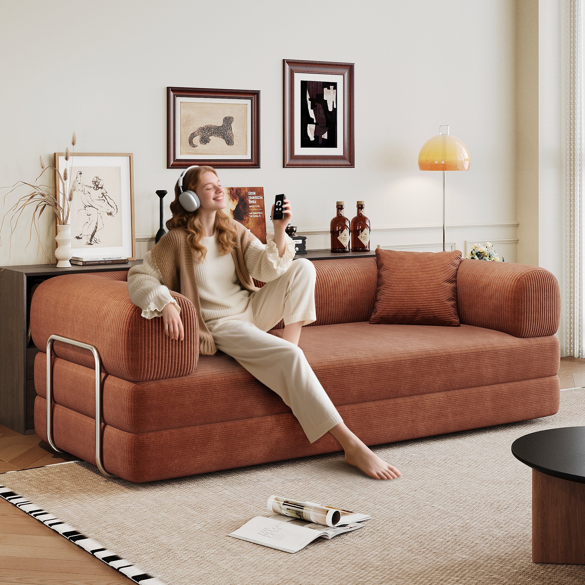 78.8' Compression Sofa,Convertible Floor Sofa Bed-with Pillow Back Support Armrest,Comfy Futon Couch Sleeper Bed,Loveseats Boneless Modular Sectional Sofa,Corduroy fabric,for Living Room,Bedroom,Brown