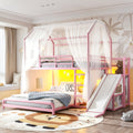 Full over Full Playhouse Metal Bunk Bed with Slide & Ladder, House Shaped Bunk Bed with LED Light Strip, Privacy Curtain, Movable Storage Cabinet and Hanging Rod, Full over Full Kids Bunk Bed , Pink