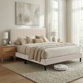 Cream White Upholstered Queen Platform Bed Frame, Tufted Channel Headboard, Mid-Century Bedroom Furniture, No Box Spring Required, Bed Frame Wood Slats, Modern Soft Boucle, 64.25' x 84.5Cream