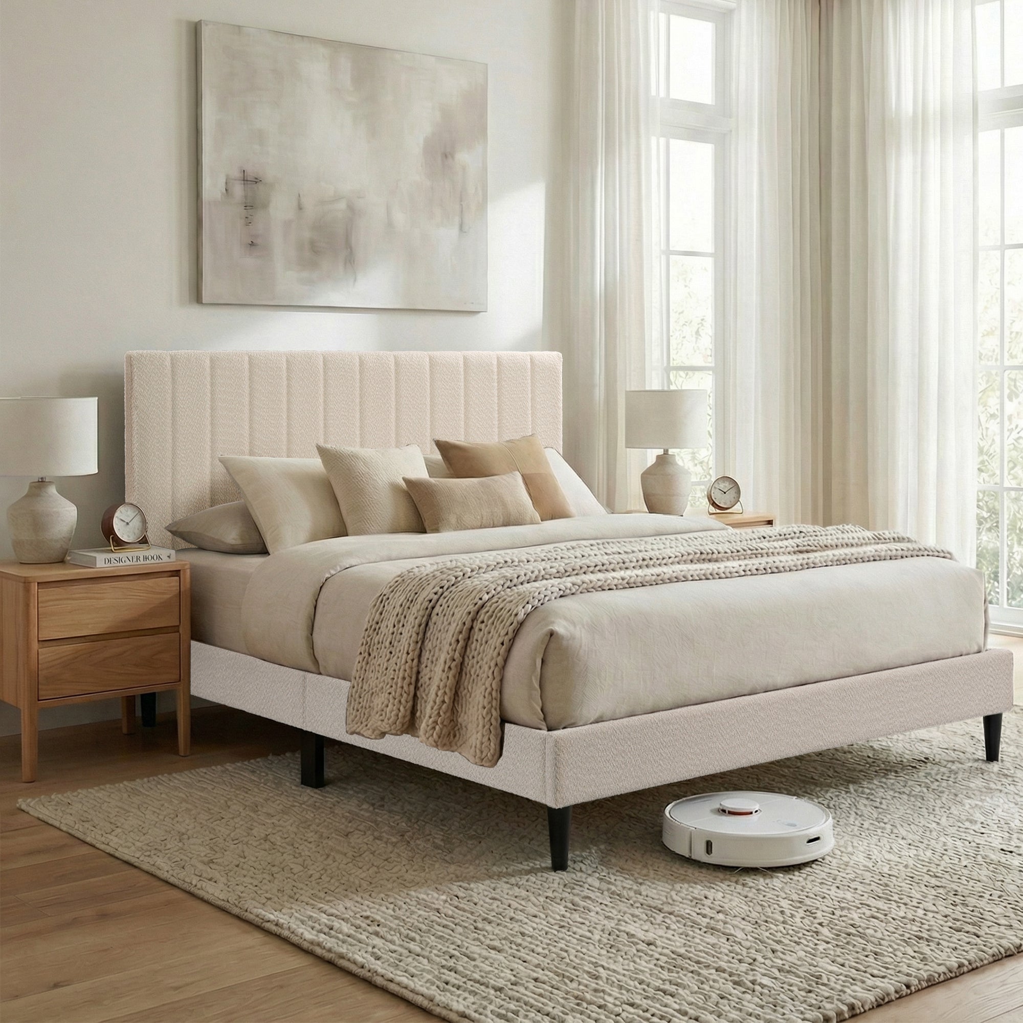 Cream White Upholstered Queen Platform Bed Frame, Tufted Channel Headboard, Mid-Century Bedroom Furniture, No Box Spring Required, Bed Frame Wood Slats, Modern Soft Boucle, 64.25' x 84.5Cream
