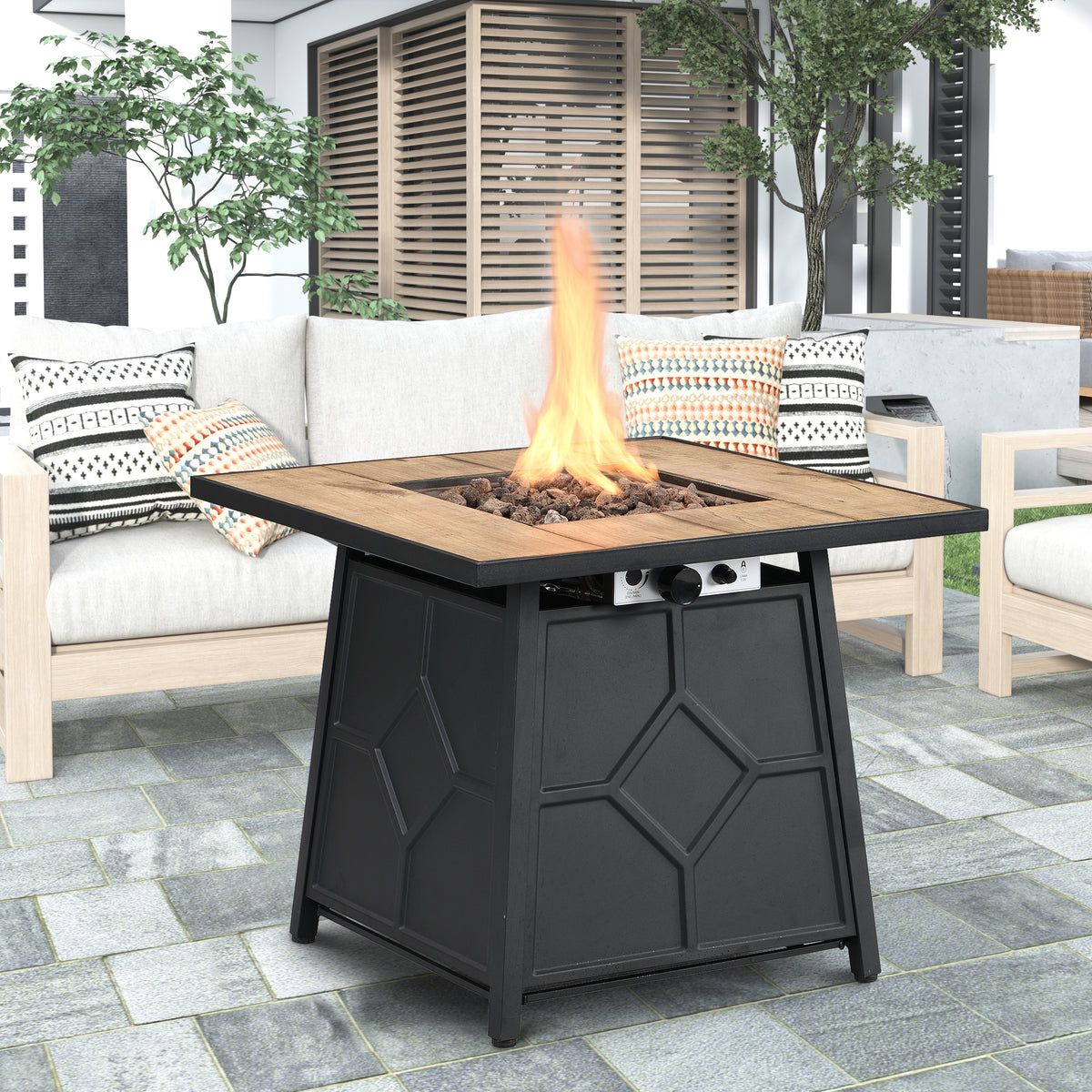 Fire Pit Table, 28-inch Square 40,000 BTU Auto-Ignition Propane Gas Firepit with Waterproof Cover