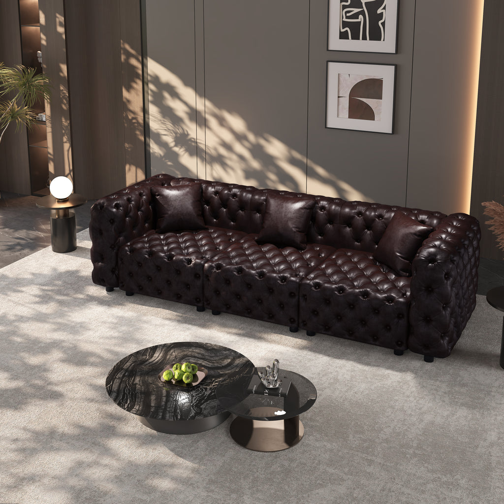 105.7' Modern Sofa Set, Faux Leather Upholstered Modular 3-Seater Sectional Couch with Pure Handmade Button Tufted Design, 3 Pillows, Multi Combination for Living Room,Dark Brown