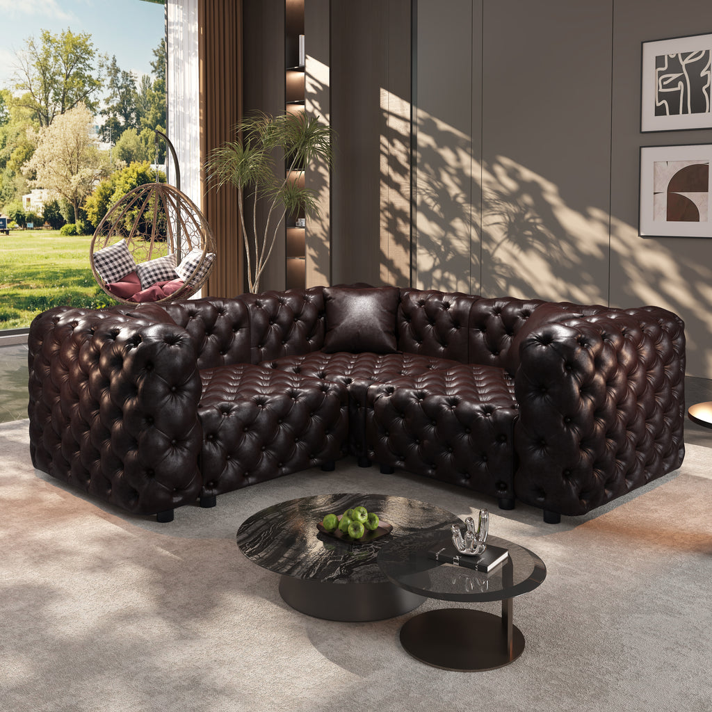 75.1' L Shaped Modern Sofa Set, Faux Leather Upholstered Modular 3-Seater Sectional Couch with Pure Handmade Button Tufted Design, 3 Pillows, Multi Combination for Living Room,Dark Brown