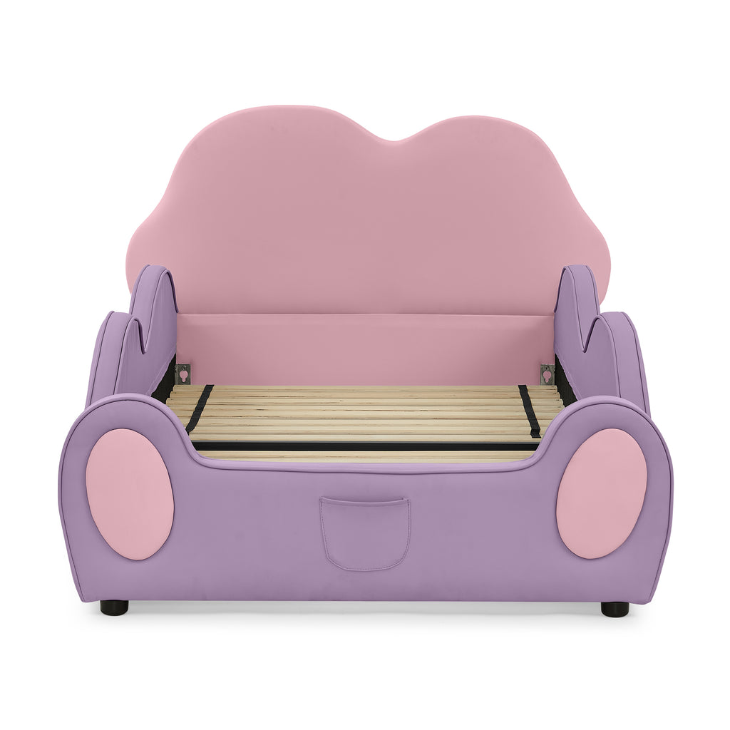 Twin Size Cute Cloud Shape PU Leather Kids Bed with Guardrails, Safety Toddler Bed in Soft Pink Purple Design with Storage Pocket