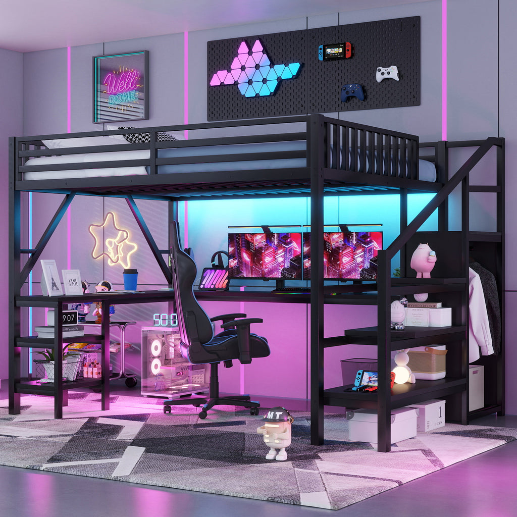 Metal Queen Loft Bed with Wardrobe and LED Light, Queen Size Loft Bed with L Shaped Desk and USB for Kids Teens Adults, Black(Old SKU W2593S00043,Expect Arrival Date 2026/3/7)