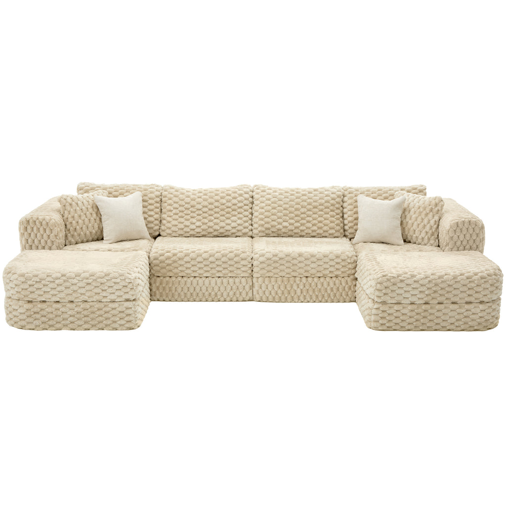 Modular Sectional Sofa 135.4' Coffee Boneless Couch with Two Movable Ottomans, Bubble Velvet Fabric Living Room Sofa