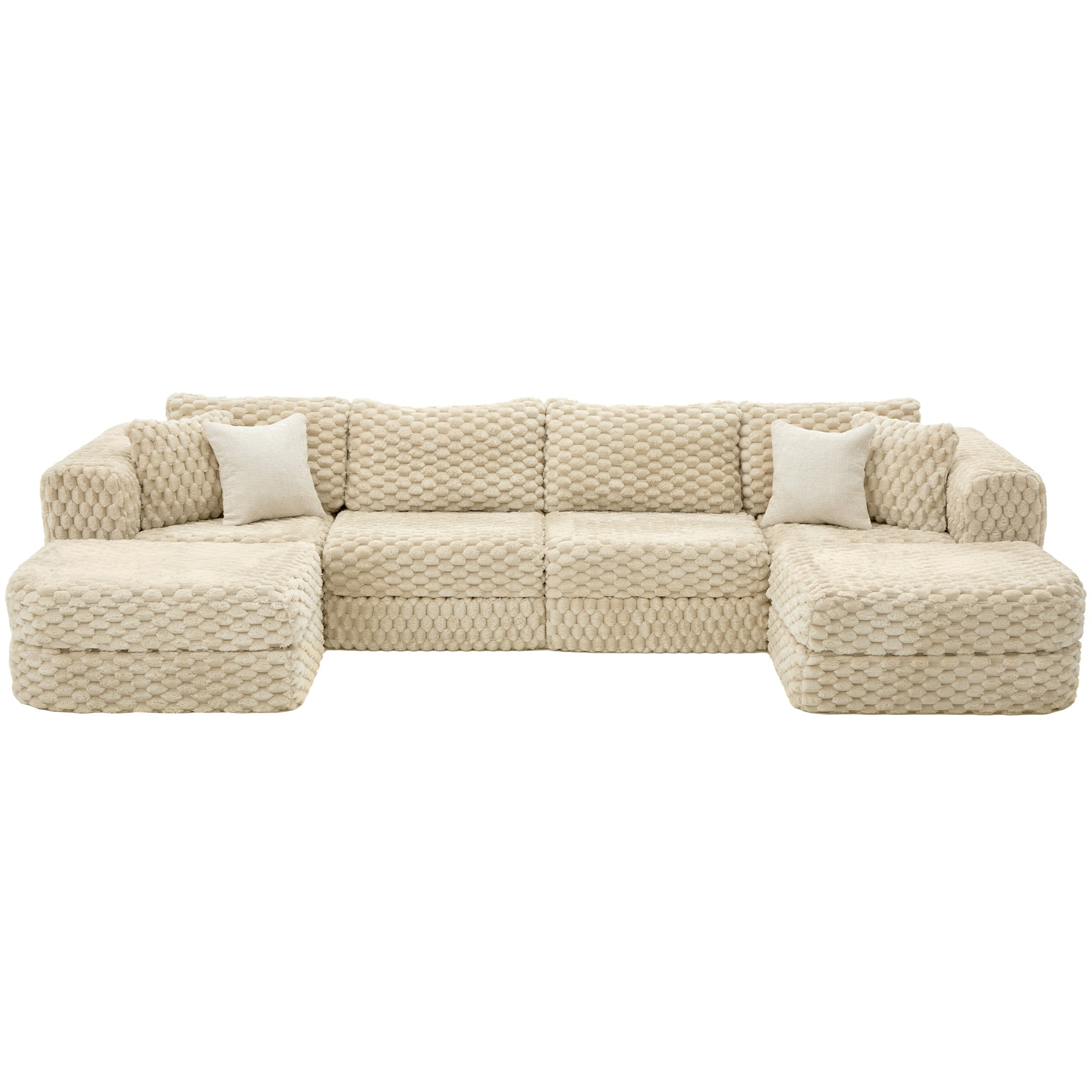 Modular Sectional Sofa 135.4' Coffee Boneless Couch with Two Movable Ottomans, Bubble Velvet Fabric Living Room Sofa