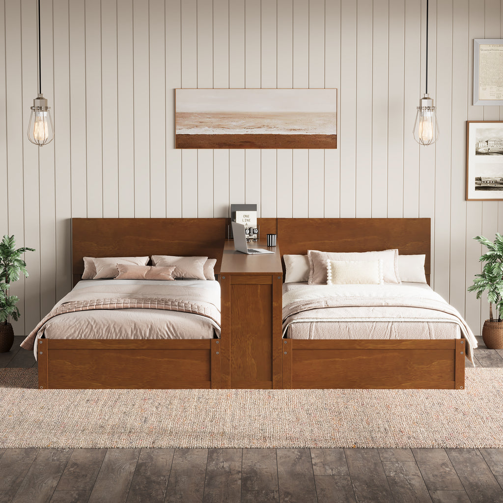 Twin Platform Bed Frame Set with Adjustable Storage Desk, 2 Twin Beds with Flexible Shelf Placement, Left, Center or Right Shelf Installation, Twin Beds for 2 Kids with Storage Desk,Walnut
