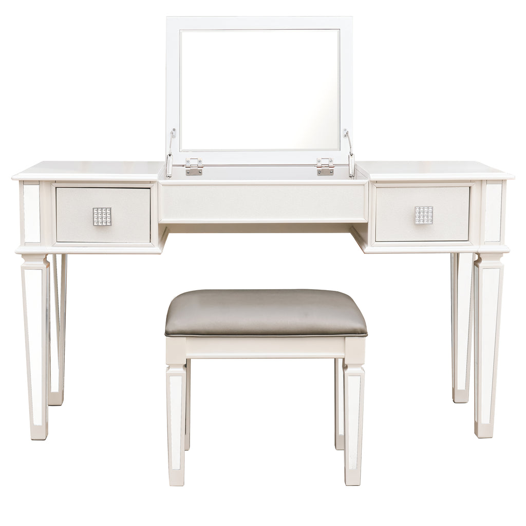 Elegant Mirrored Vanity Desk Set with Drawers and Flip-Up Mirror, Silver Finish, Glass and Wood, 54'' x 18'' x 30''