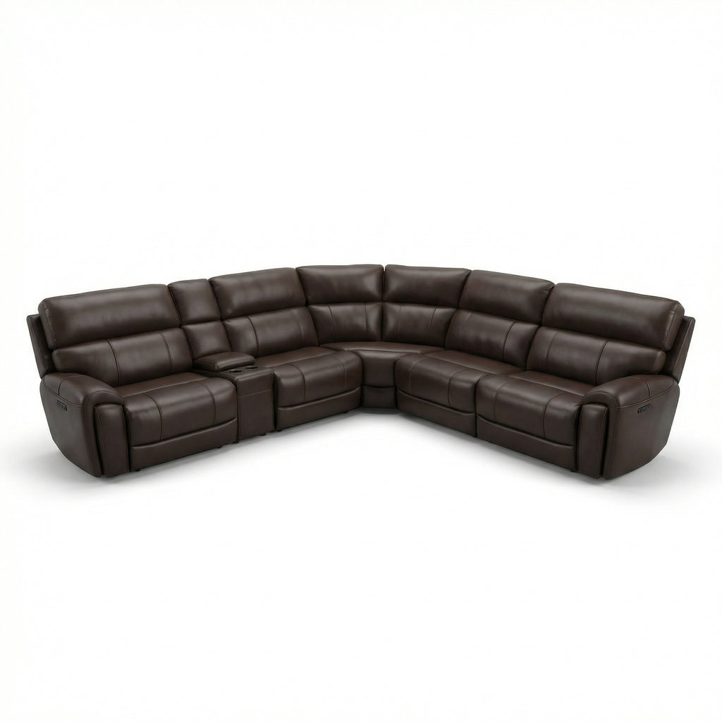 Global Home Brazil Tobacco Leather Power Sectional with Adjustable Headrest & Footrest