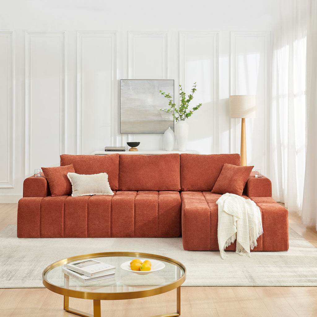 108' L-Shaped Chenille Sectional Sofa, Cloud Style Boneless Sofa with Chaise, Modern Upholstered Couch with Cup Holders & Side Pockets, Compression Sofa for Living Room, No Assembly Required, Orange