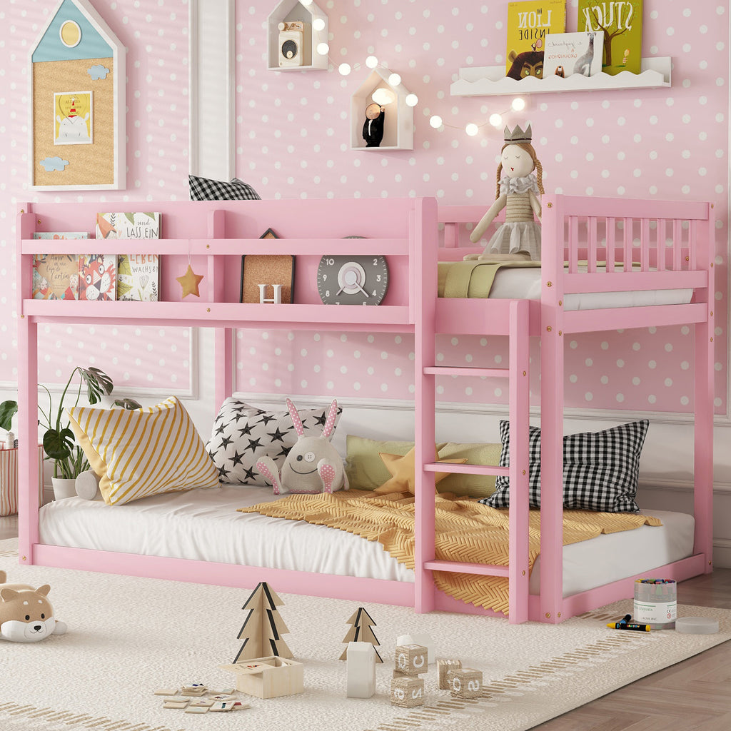 Low Twin Over Twin Bunk Bed, Floor Bunk Bed with Ladder, Solid Wood Twin Bunk Bed for Kids & Juniors, Pink(Old SKU W2593P375491  Expect Arrival Date 2026/9/1)