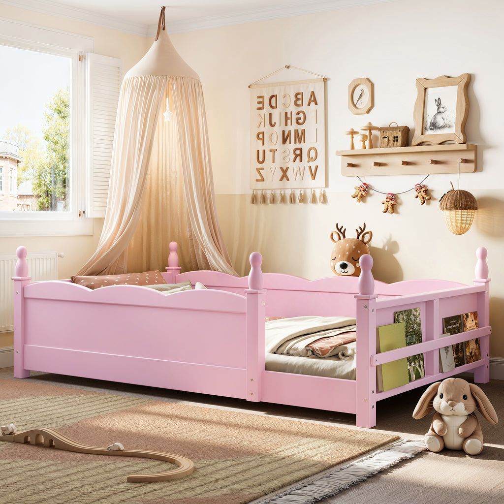 Twin Floor Bed with Full-Length Guardrails. Kids Montessori Floor Bed With Beside Book Shelf,Childlike Design,Pink