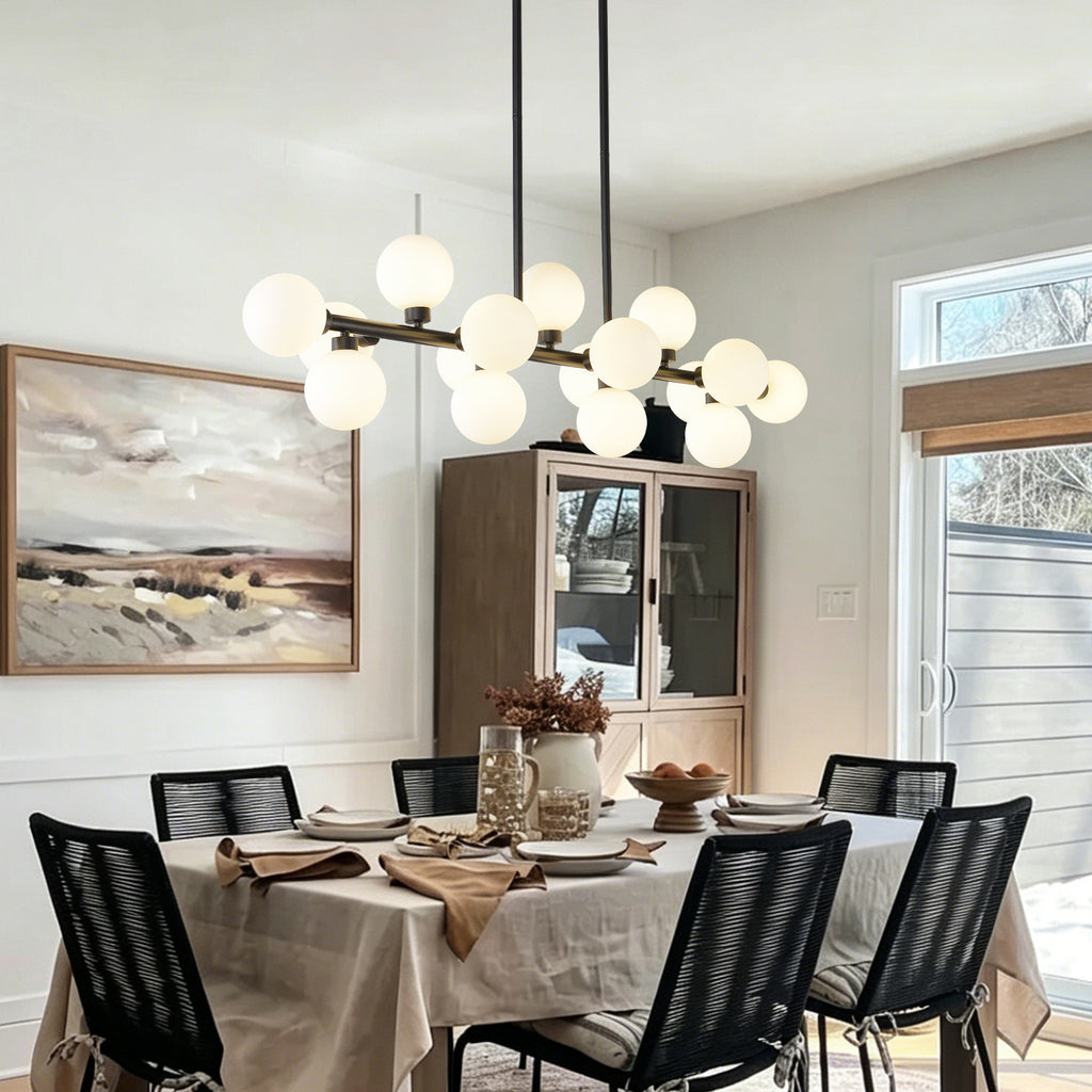 Pendant Lamp with Opal Glass Shade, 16-Lights Modern Farmhouse Ceiling Pendant Hanging Light Fixture Over Table, for Dining Room, Kitchen Island--NO INCLUDED BULBS--Matte Black+Opal